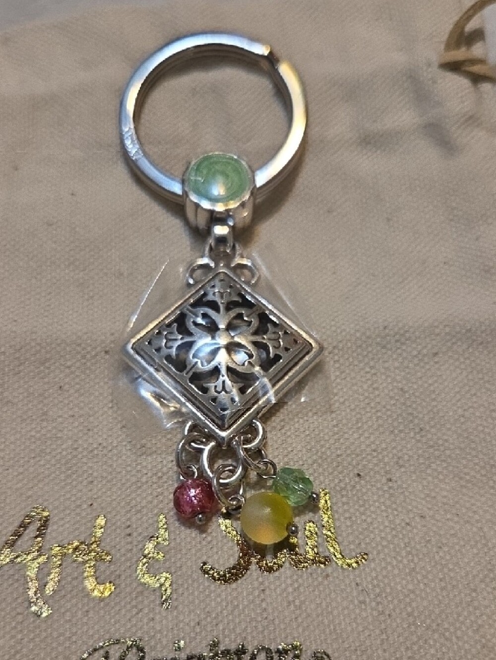 Brighton Silver Filigree Key Ring with Green Yellow Pink Beads